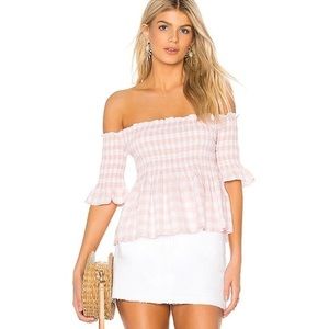 Smocked Off Shoulder Pink & White Gingham Top